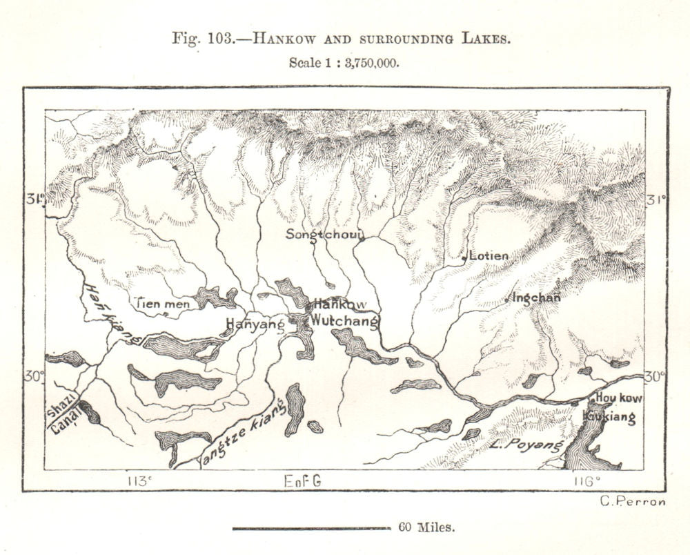 Hankou Wuhan Hanyang & surrounding Lakes. Yangtze river. China. Sketch map 1885